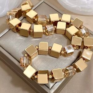 Anthropologie Gold Cube & Crystal Chunky Necklace – Modern Geometric Statement